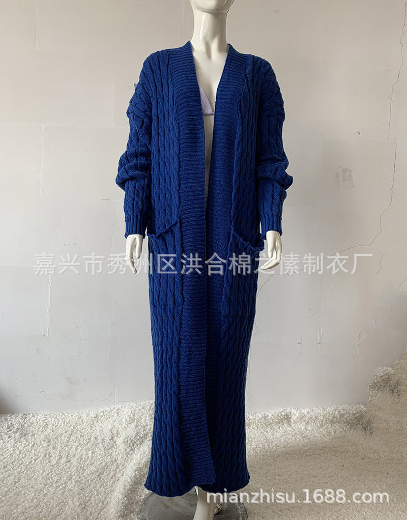 Wholesale Long Knitted Sweater Jacket Cardigan Pocket Long Sweater Thickened Jacket